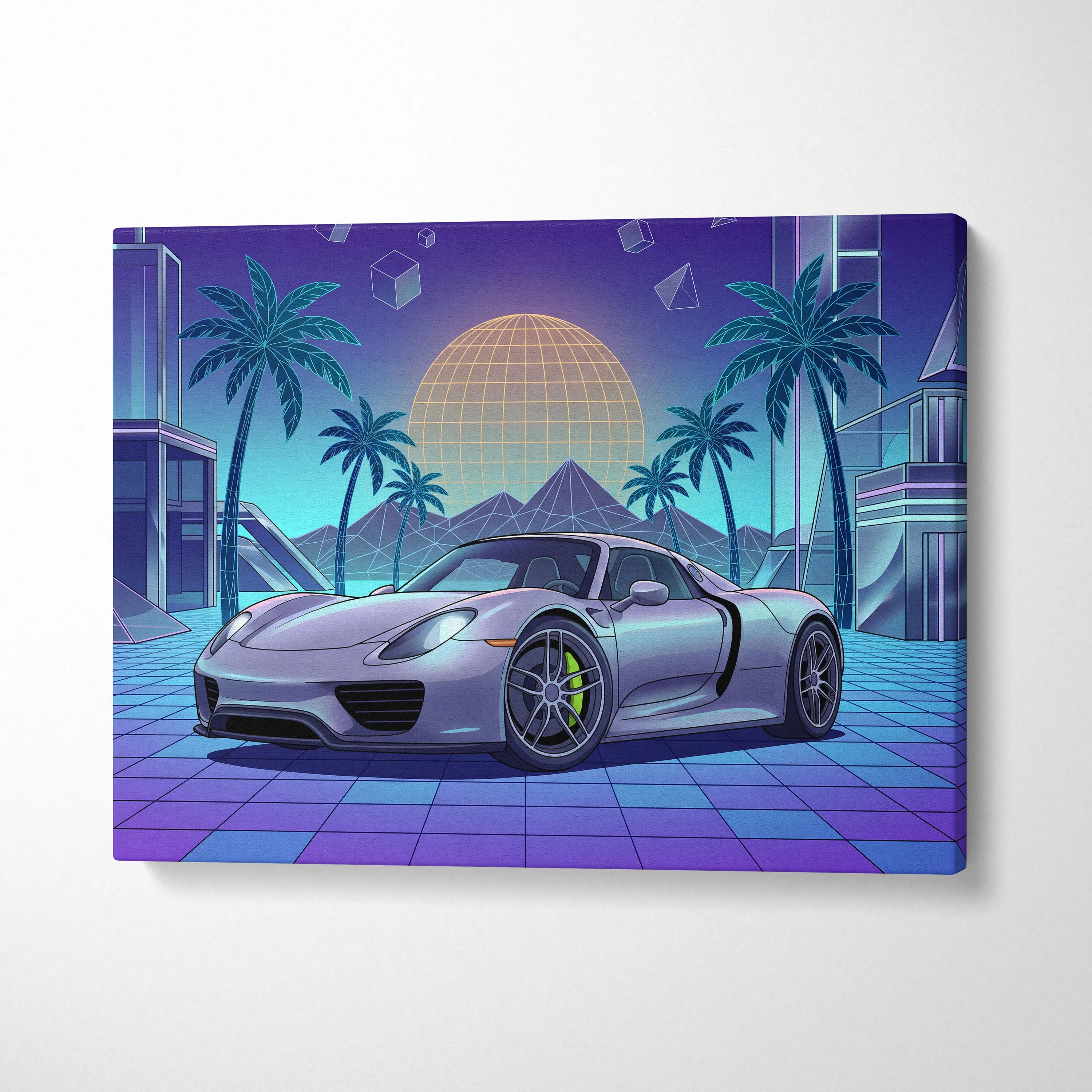 Porsche 918 Spyder Inspired Silver Blue Canvas Wall Art Vaporwave Neon Palm Hypercar Artwork, Retro Futuristic Garage Decor