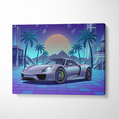 Porsche 918 Spyder Inspired Silver Blue Canvas Wall Art Vaporwave Neon Palm Hypercar Artwork, Retro Futuristic Garage Decor