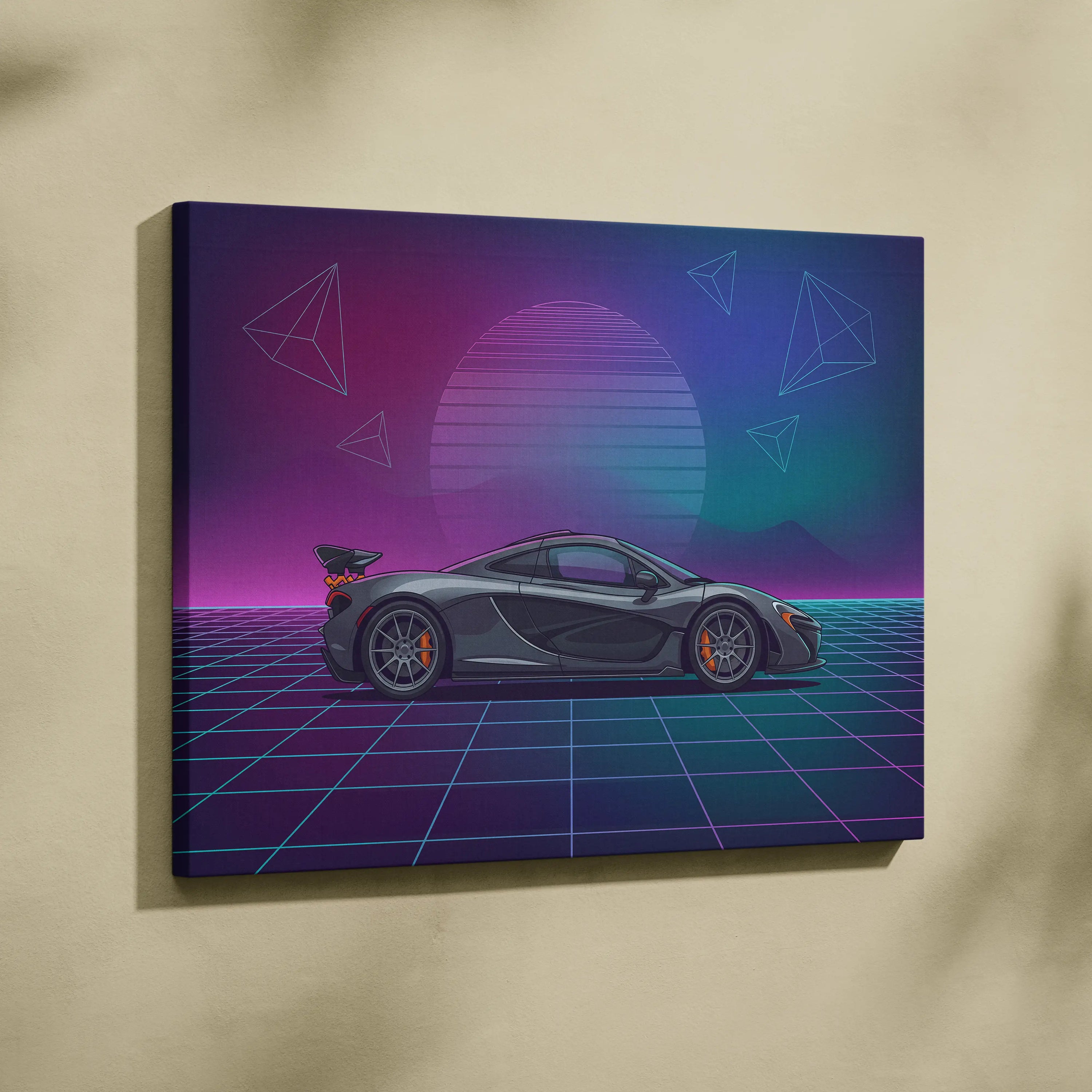 McLaren P1 Inspired Gray Purple Canvas Wall Art Vaporwave Neon Grid Hypercar Artwork, Retro Sunset Supercar Garage Decor