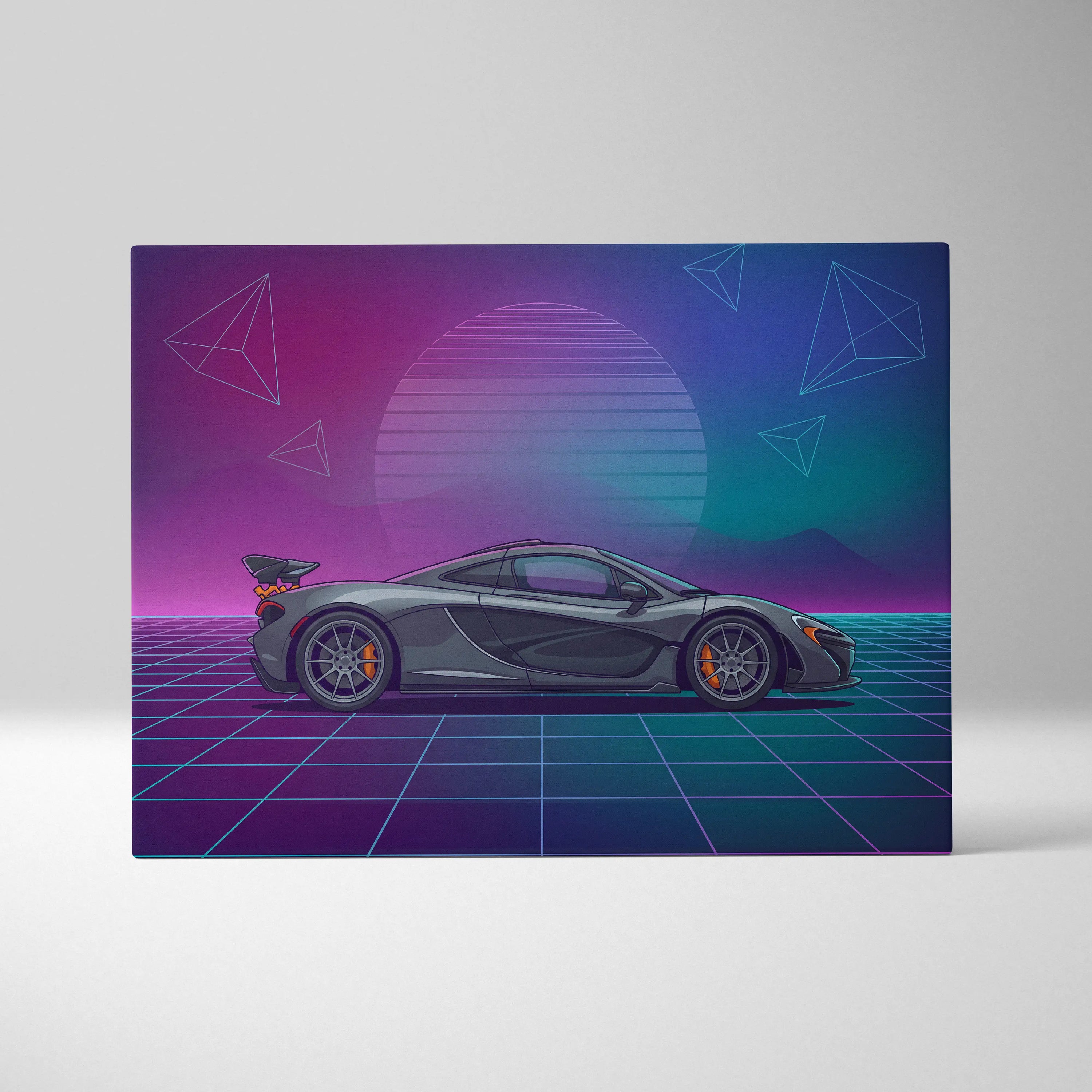 McLaren P1 Inspired Gray Purple Canvas Wall Art Vaporwave Neon Grid Hypercar Artwork, Retro Sunset Supercar Garage Decor
