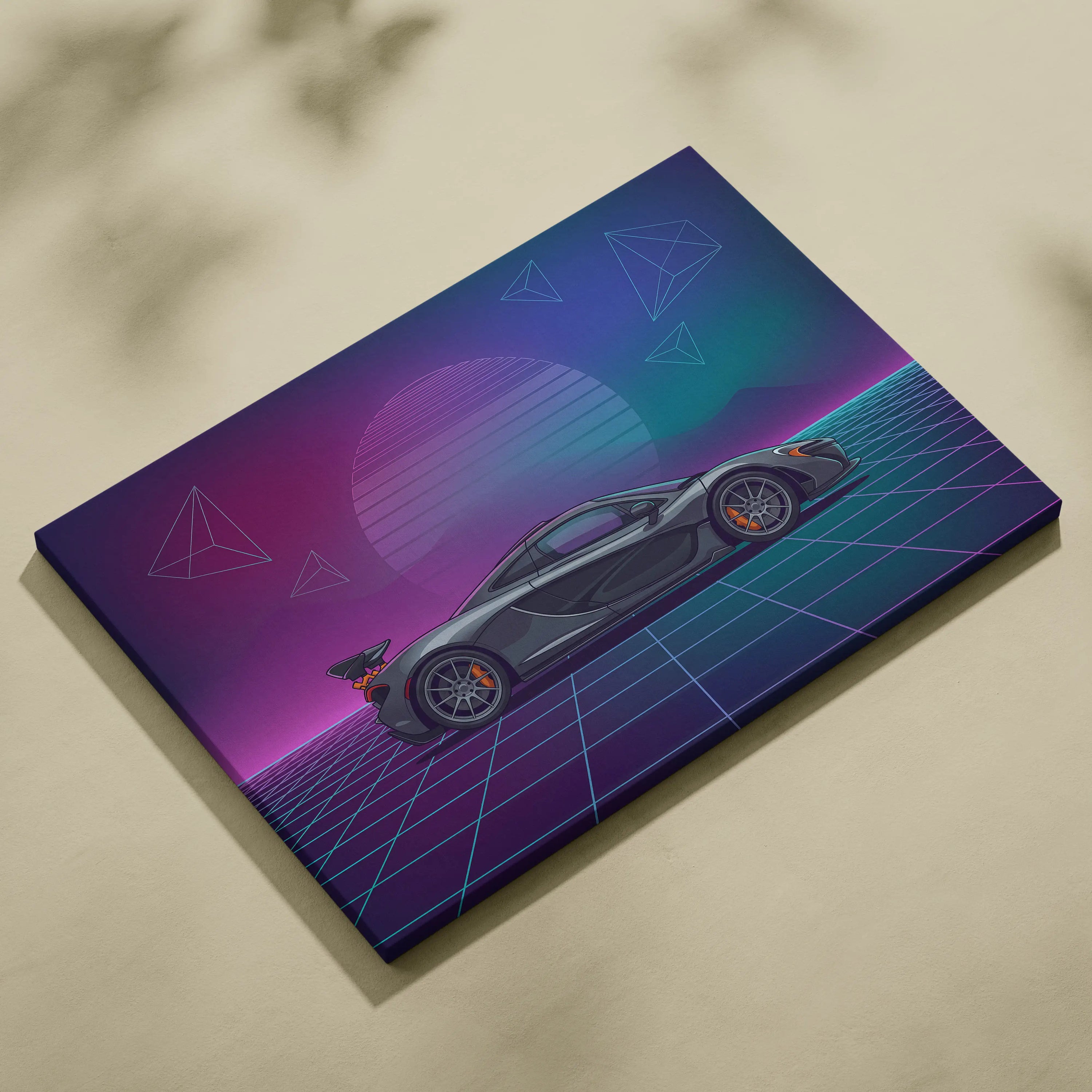 McLaren P1 Inspired Gray Purple Canvas Wall Art Vaporwave Neon Grid Hypercar Artwork, Retro Sunset Supercar Garage Decor