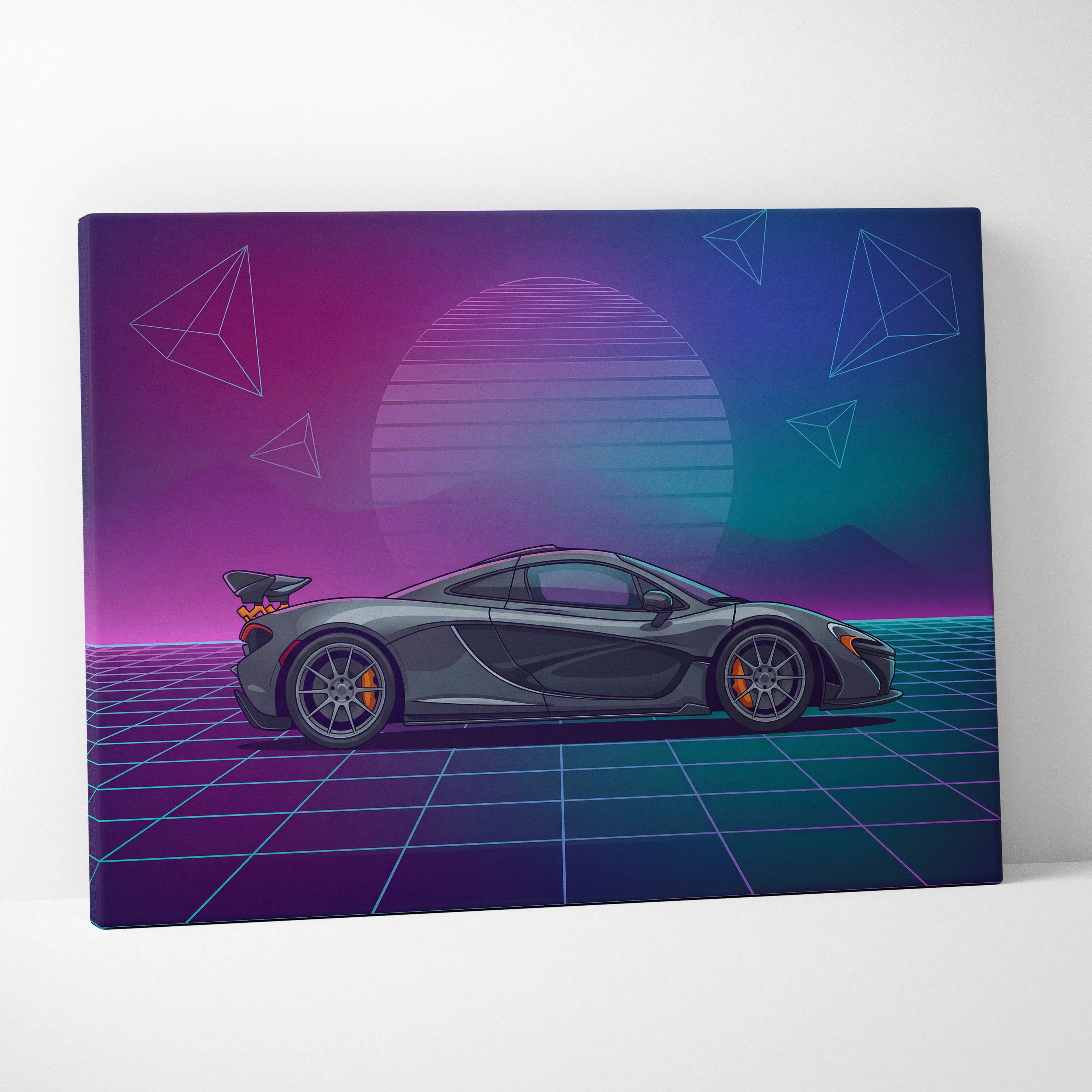 McLaren P1 Inspired Gray Purple Canvas Wall Art Vaporwave Neon Grid Hypercar Artwork, Retro Sunset Supercar Garage Decor
