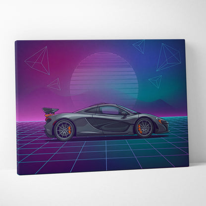 McLaren P1 Inspired Gray Purple Canvas Wall Art Vaporwave Neon Grid Hypercar Artwork, Retro Sunset Supercar Garage Decor