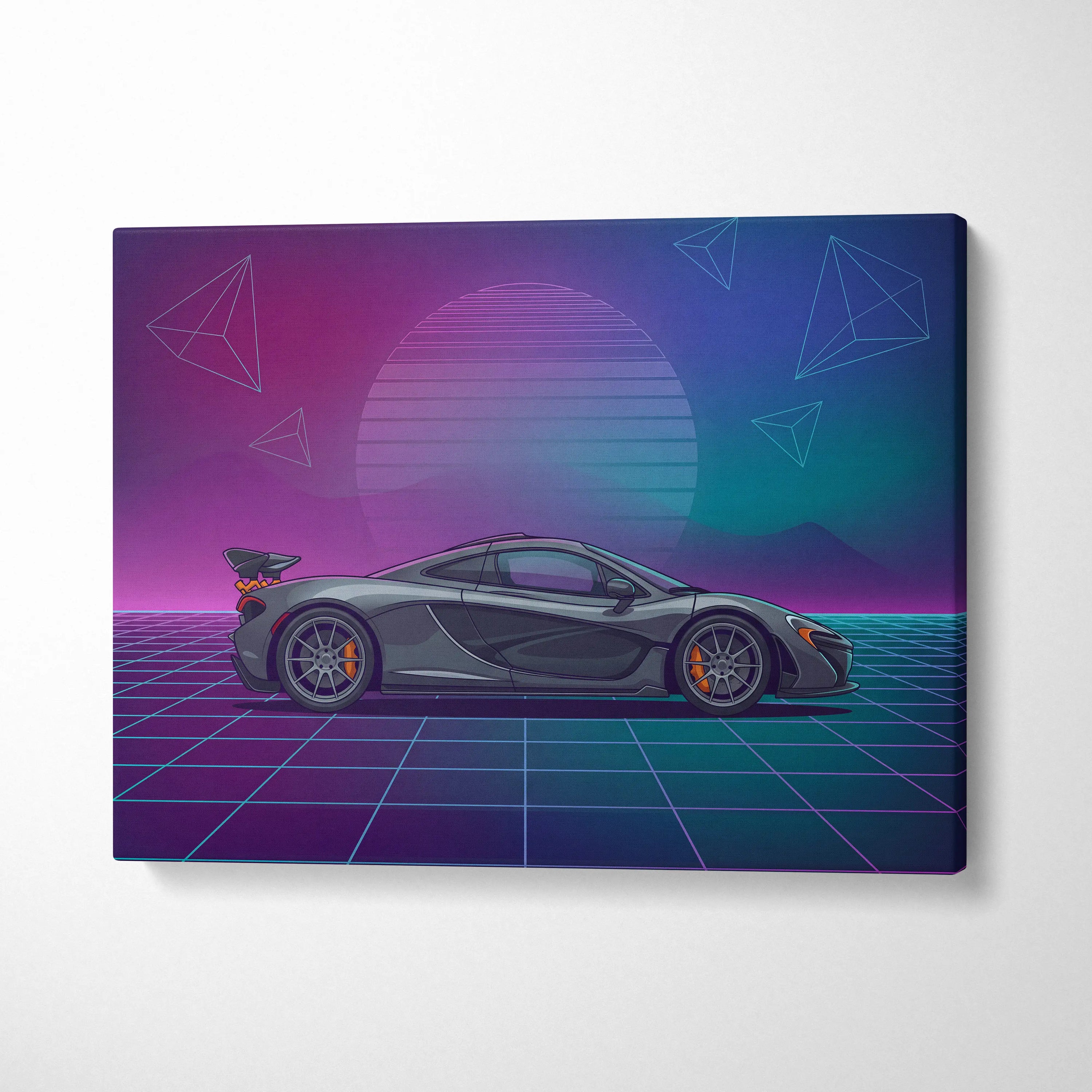 McLaren P1 Inspired Gray Purple Canvas Wall Art Vaporwave Neon Grid Hypercar Artwork, Retro Sunset Supercar Garage Decor