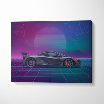 McLaren P1 Inspired Gray Purple Canvas Wall Art Vaporwave Neon Grid Hypercar Artwork, Retro Sunset Supercar Garage Decor