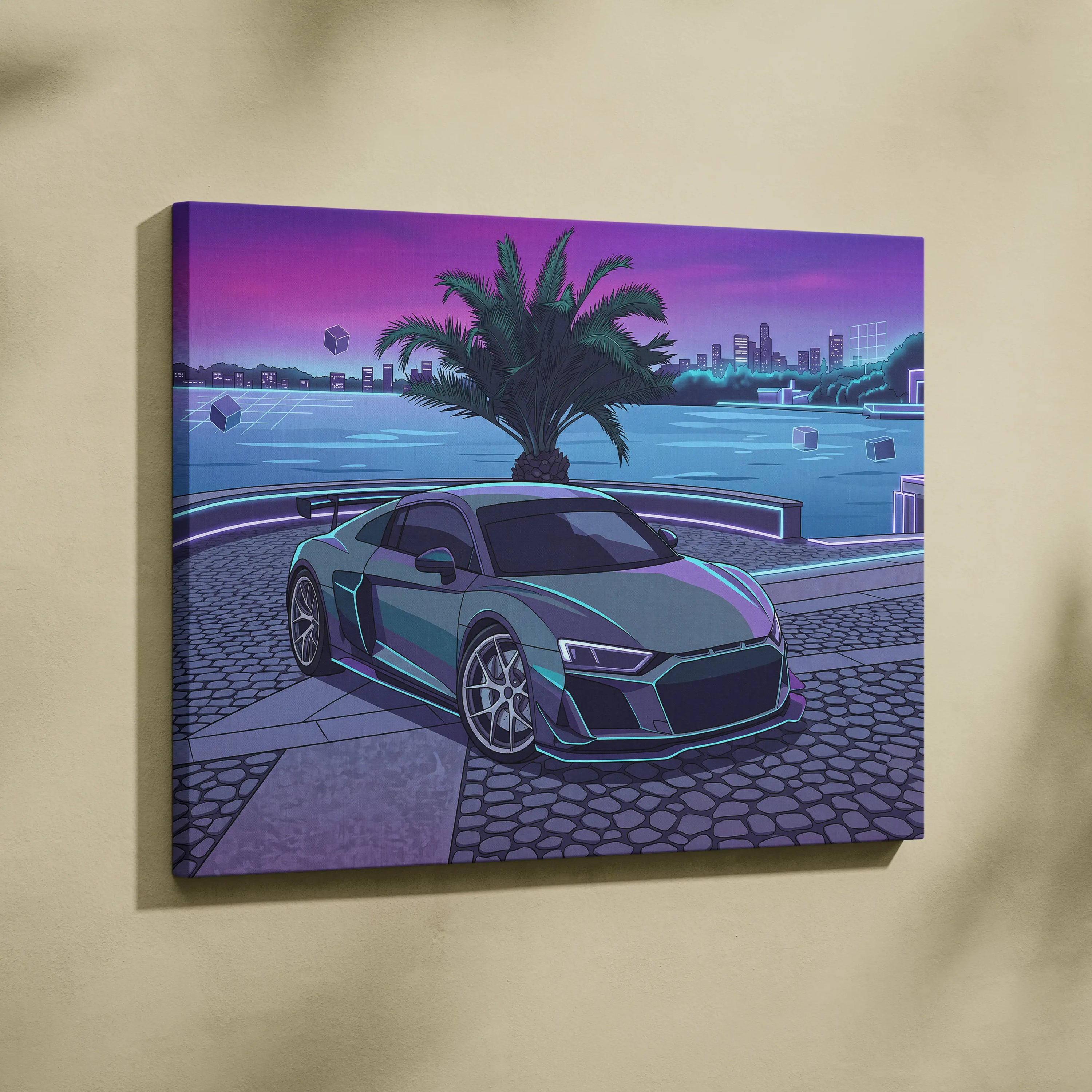 Audi R8 Inspired Gray Purple Canvas Wall Art, Vaporwave Supercar Artwork, Neon Palm City Decor, Retro Futuristic Exotic Print