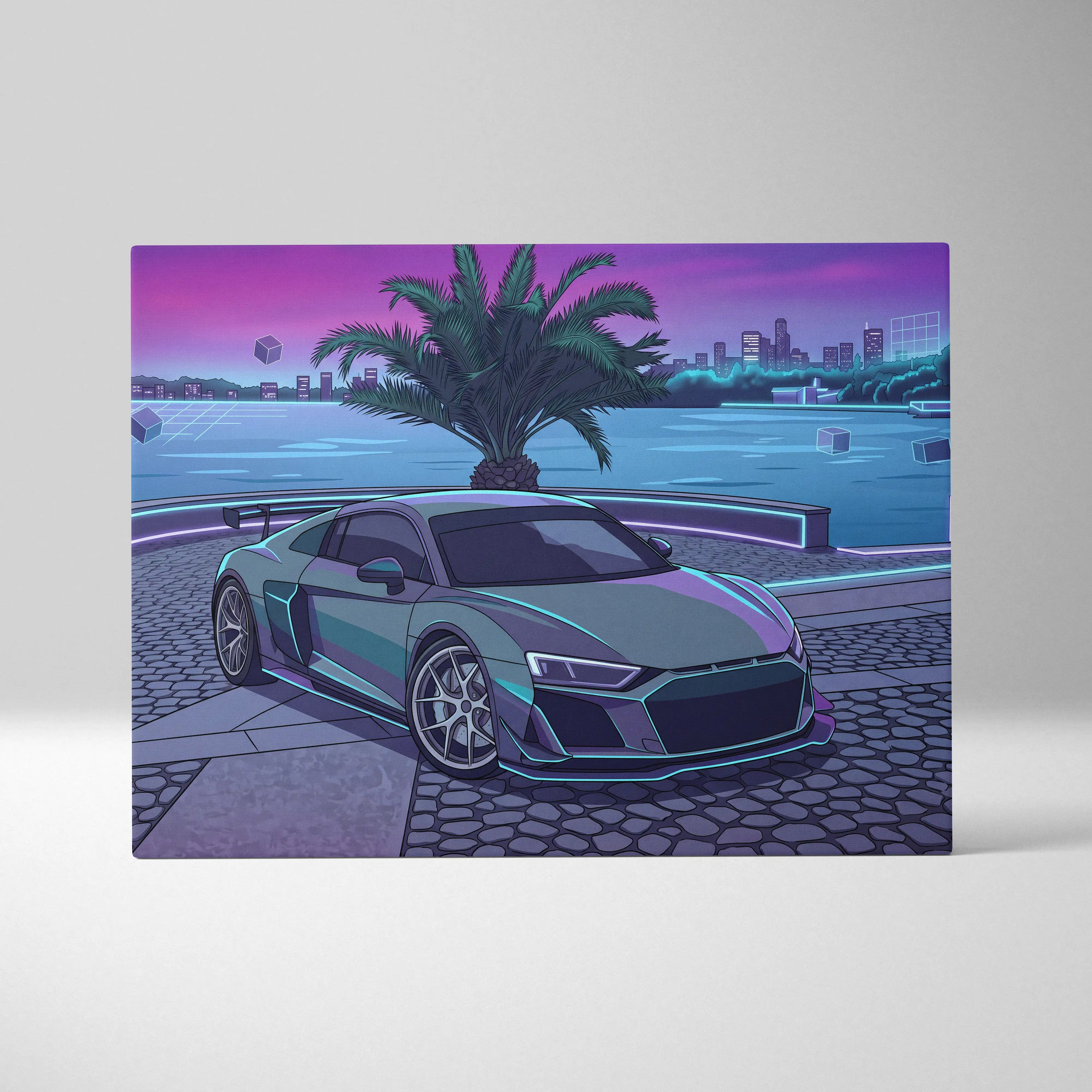 Audi R8 Inspired Gray Purple Canvas Wall Art, Vaporwave Supercar Artwork, Neon Palm City Decor, Retro Futuristic Exotic Print