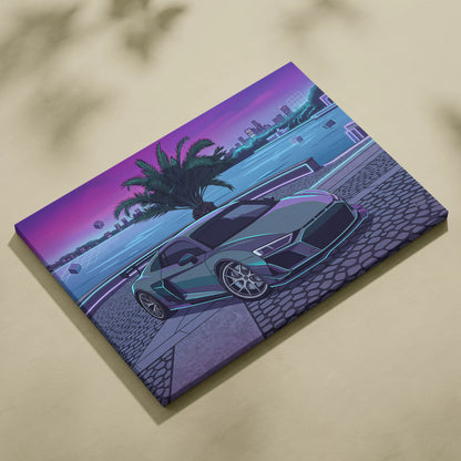 Audi R8 Inspired Gray Purple Canvas Wall Art, Vaporwave Supercar Artwork, Neon Palm City Decor, Retro Futuristic Exotic Print