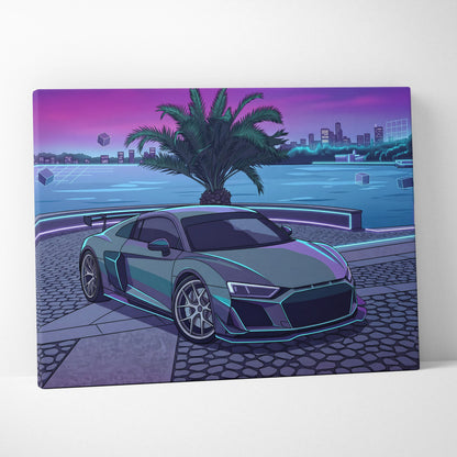 Audi R8 Inspired Gray Purple Canvas Wall Art, Vaporwave Supercar Artwork, Neon Palm City Decor, Retro Futuristic Exotic Print