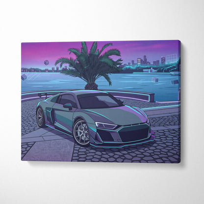 Audi R8 Inspired Gray Purple Canvas Wall Art, Vaporwave Supercar Artwork, Neon Palm City Decor, Retro Futuristic Exotic Print