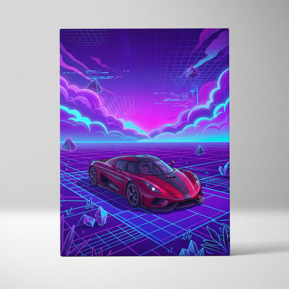Koenigsegg Regera Inspired Red Purple Canvas Wall Art Vaporwave Hypercar Artwork, Neon Grid Supercar Garage Decor Retro Futuristic Print