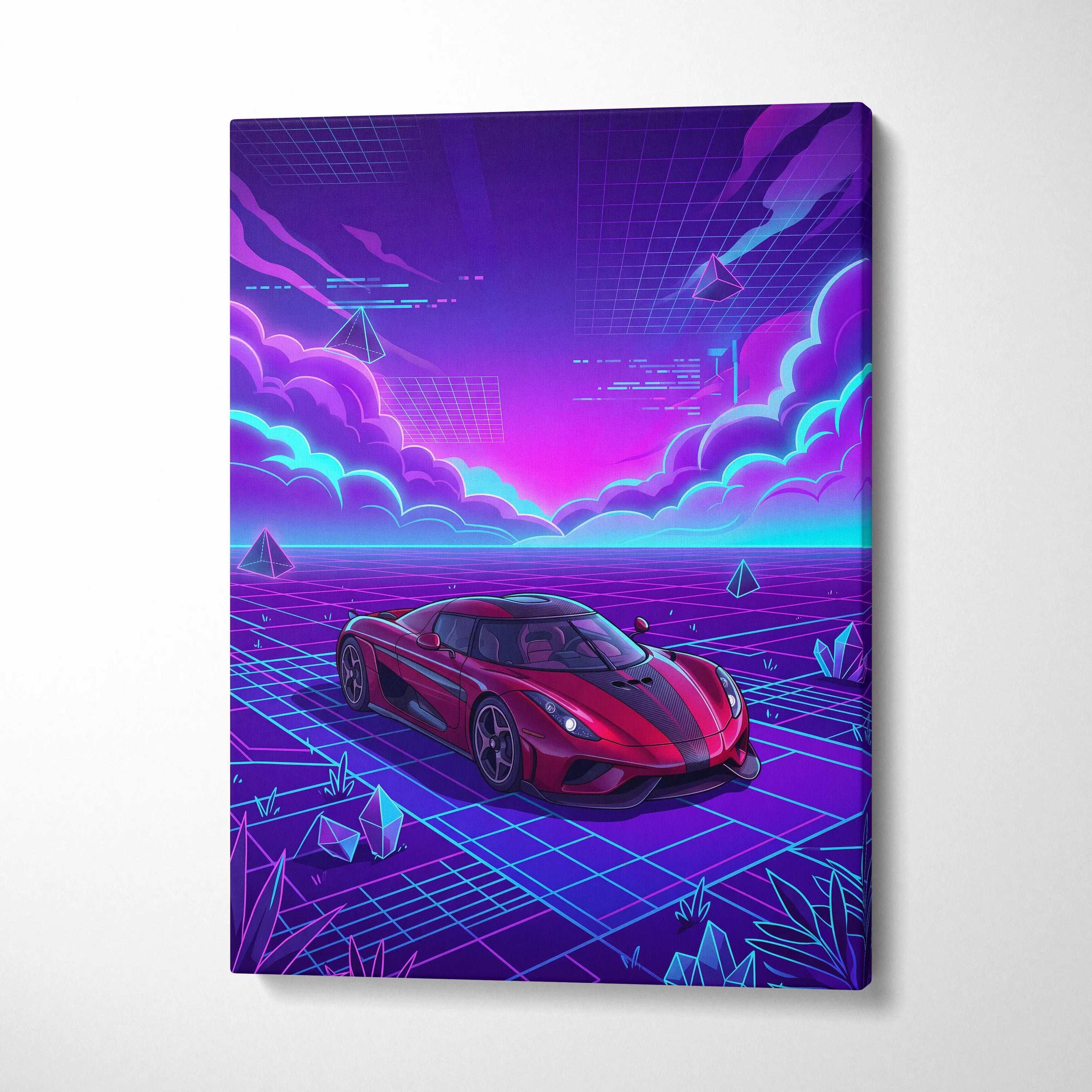 Koenigsegg Regera Inspired Red Purple Canvas Wall Art Vaporwave Hypercar Artwork, Neon Grid Supercar Garage Decor Retro Futuristic Print