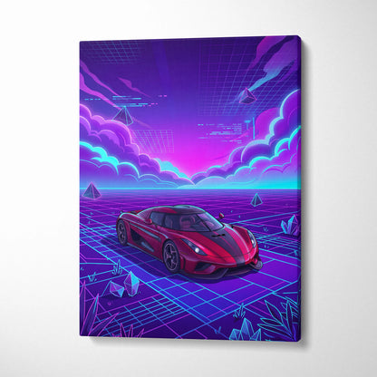 Koenigsegg Regera Inspired Red Purple Canvas Wall Art Vaporwave Hypercar Artwork, Neon Grid Supercar Garage Decor Retro Futuristic Print