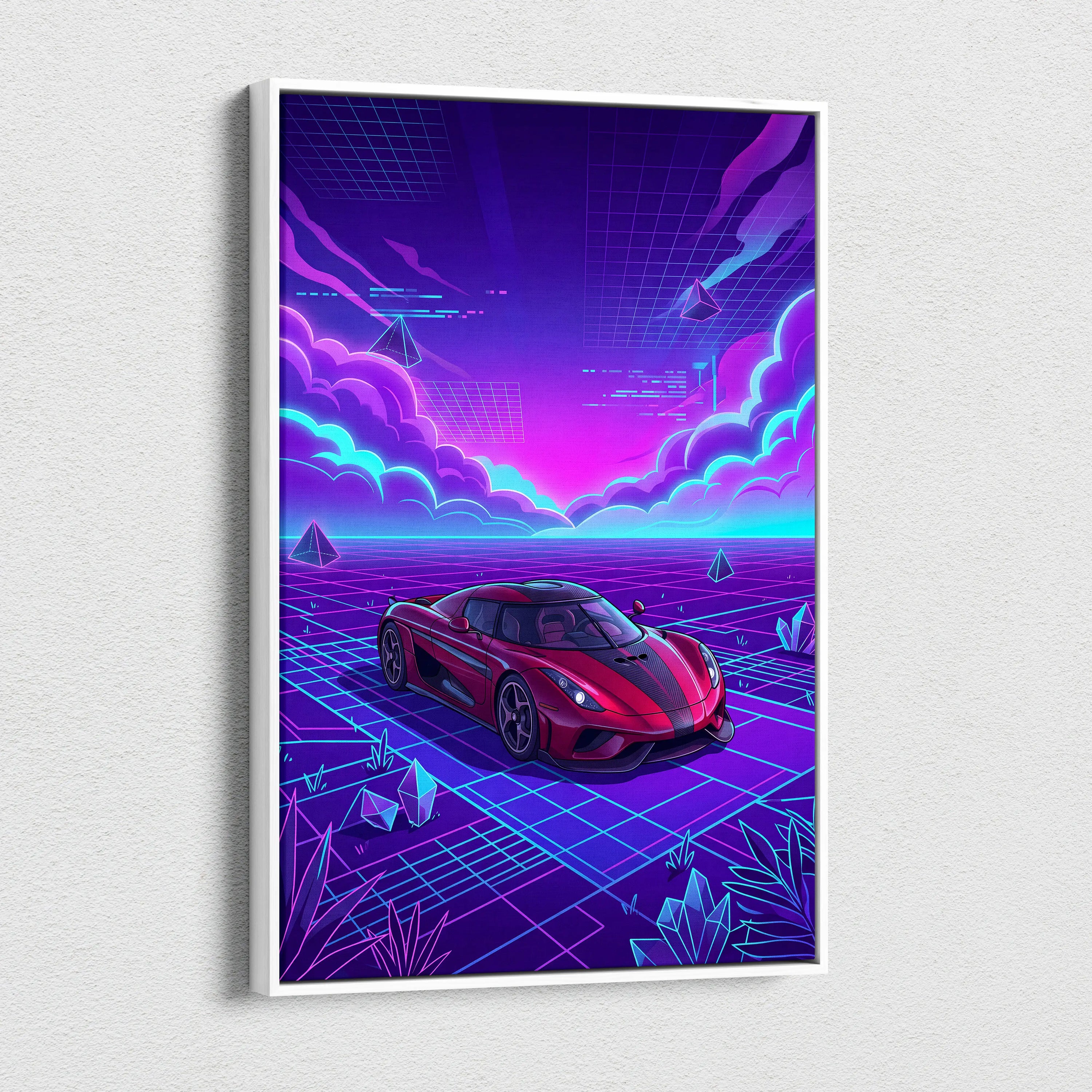 Koenigsegg Regera Inspired Red Purple Canvas Wall Art Vaporwave Hypercar Artwork, Neon Grid Supercar Garage Decor Retro Futuristic Print