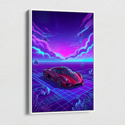 Koenigsegg Regera Inspired Red Purple Canvas Wall Art Vaporwave Hypercar Artwork, Neon Grid Supercar Garage Decor Retro Futuristic Print
