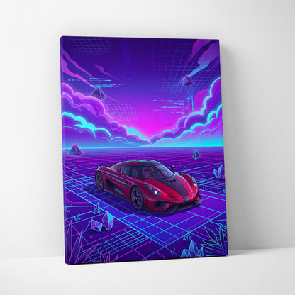 Koenigsegg Regera Inspired Red Purple Canvas Wall Art Vaporwave Hypercar Artwork, Neon Grid Supercar Garage Decor Retro Futuristic Print