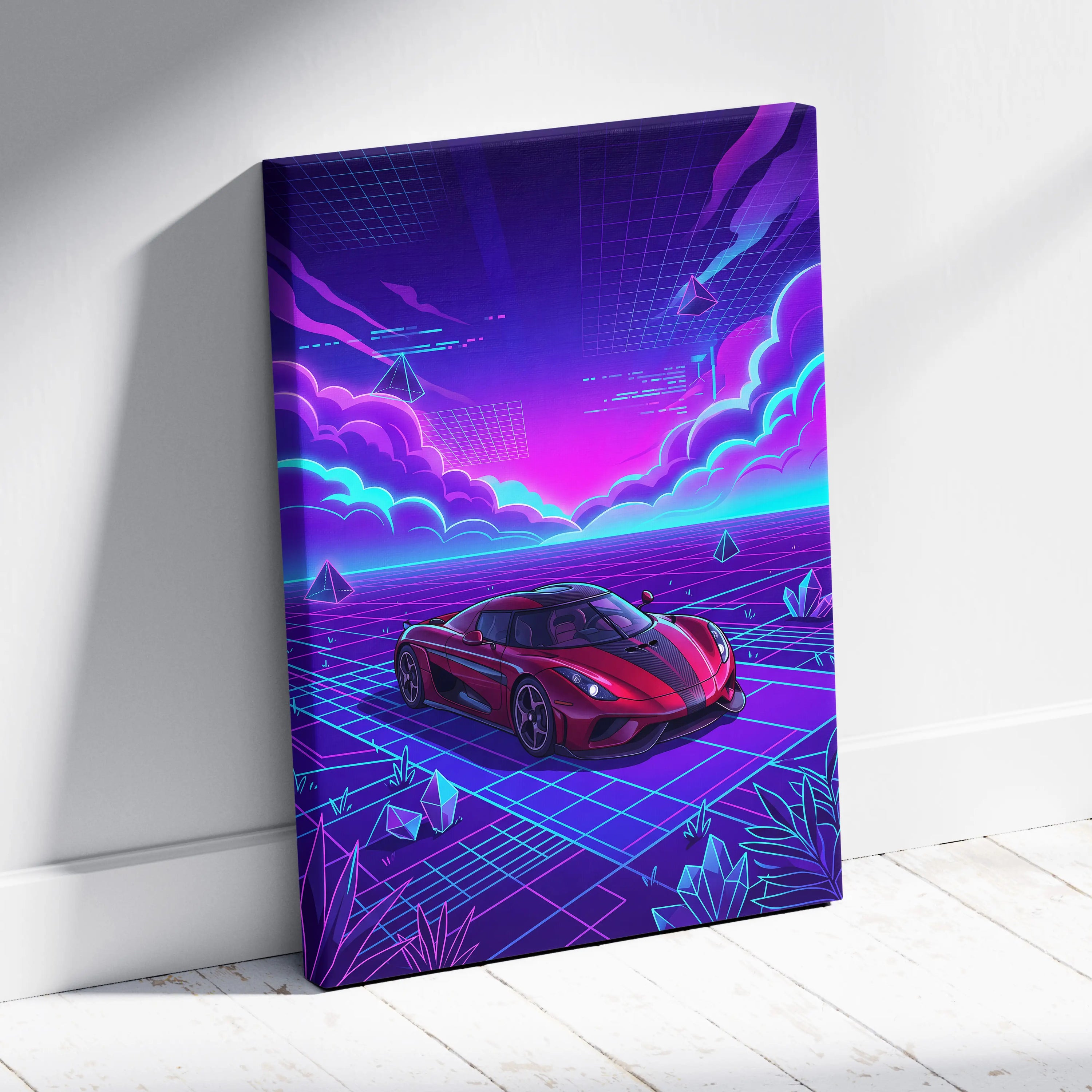 Koenigsegg Regera Inspired Red Purple Canvas Wall Art Vaporwave Hypercar Artwork, Neon Grid Supercar Garage Decor Retro Futuristic Print