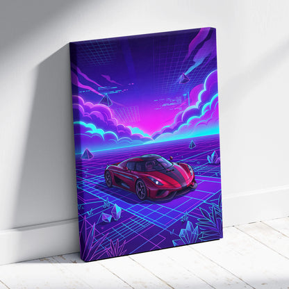 Koenigsegg Regera Inspired Red Purple Canvas Wall Art Vaporwave Hypercar Artwork, Neon Grid Supercar Garage Decor Retro Futuristic Print
