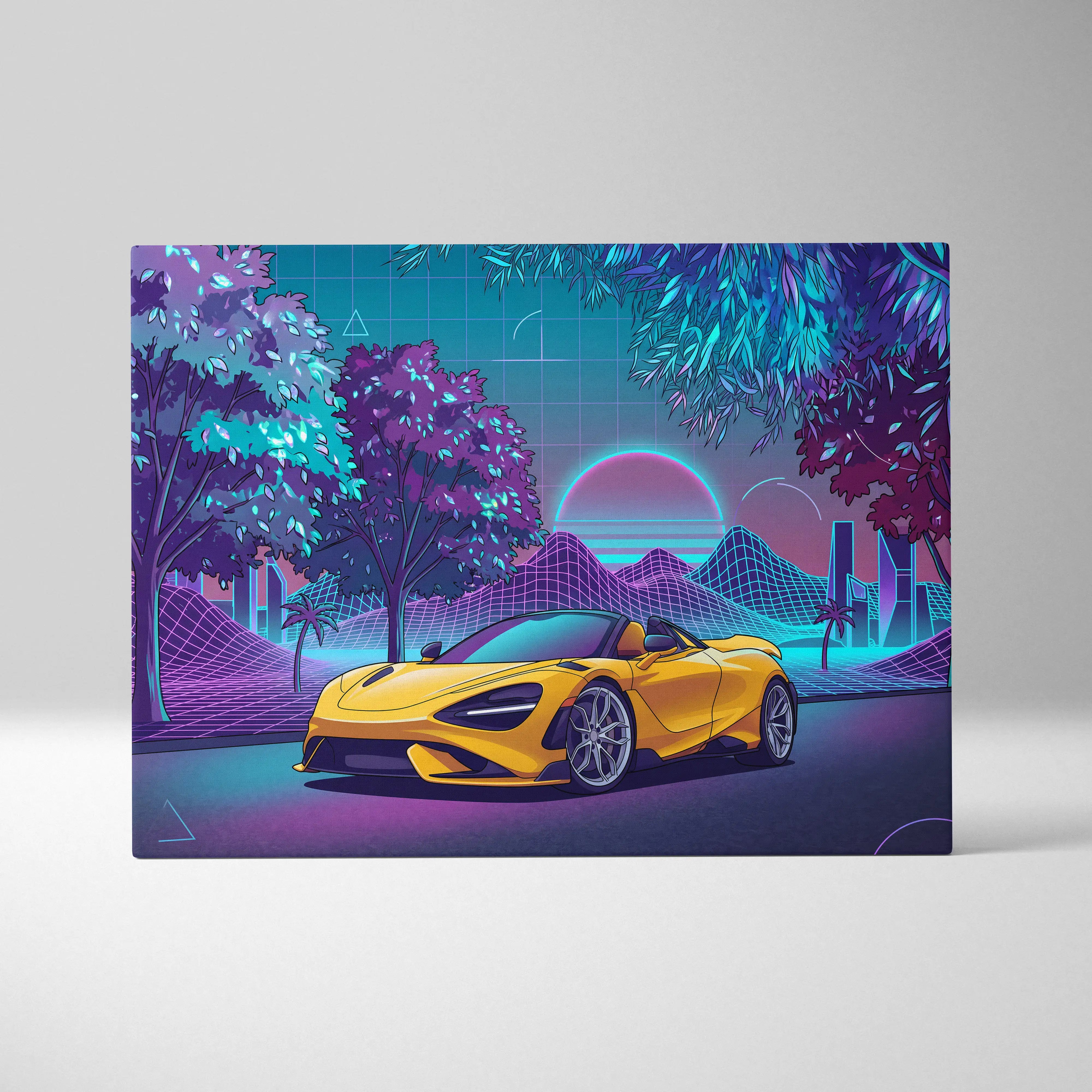 McLaren 720S Inspired Yellow Purple City Canvas Wall Art Vaporwave Supercar Artwork, Neon Skyline Palm Garage Decor Retro Futuristic Print