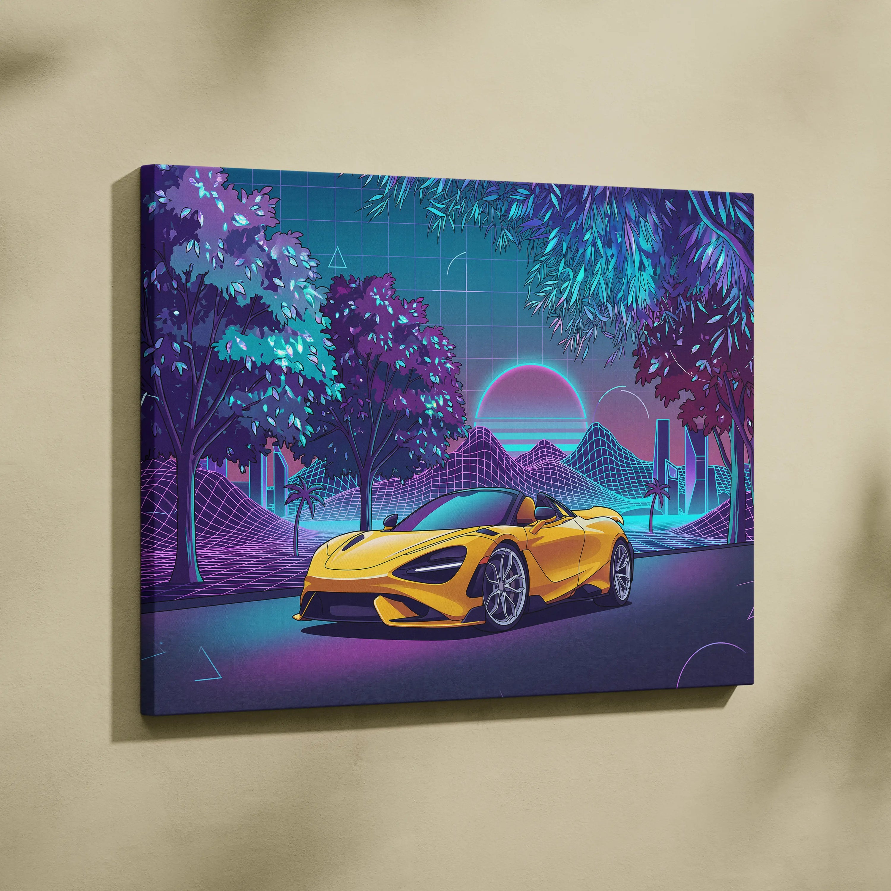 McLaren 720S Inspired Yellow Purple City Canvas Wall Art Vaporwave Supercar Artwork, Neon Skyline Palm Garage Decor Retro Futuristic Print