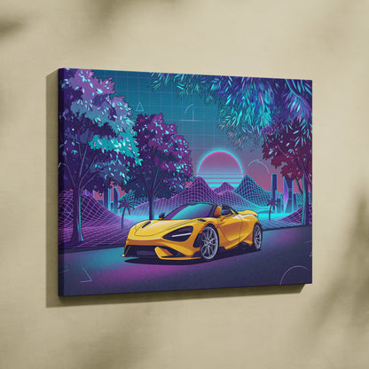 McLaren 720S Inspired Yellow Purple City Canvas Wall Art Vaporwave Supercar Artwork, Neon Skyline Palm Garage Decor Retro Futuristic Print
