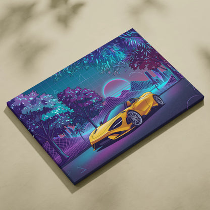 McLaren 720S Inspired Yellow Purple City Canvas Wall Art Vaporwave Supercar Artwork, Neon Skyline Palm Garage Decor Retro Futuristic Print