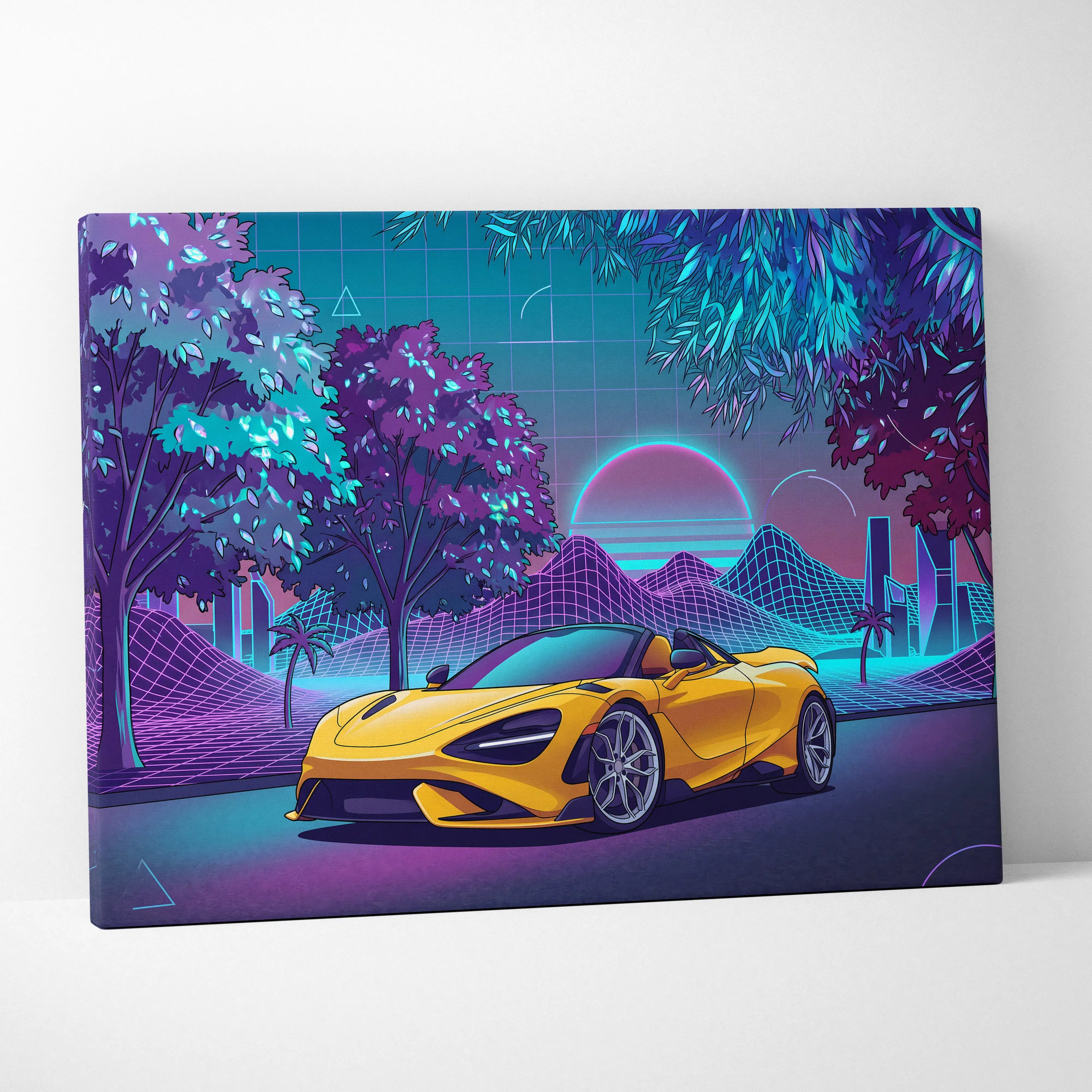 McLaren 720S Inspired Yellow Purple City Canvas Wall Art Vaporwave Supercar Artwork, Neon Skyline Palm Garage Decor Retro Futuristic Print