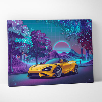 McLaren 720S Inspired Yellow Purple City Canvas Wall Art Vaporwave Supercar Artwork, Neon Skyline Palm Garage Decor Retro Futuristic Print