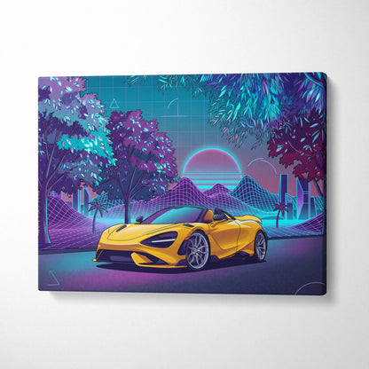 McLaren 720S Inspired Yellow Purple City Canvas Wall Art Vaporwave Supercar Artwork, Neon Skyline Palm Garage Decor Retro Futuristic Print