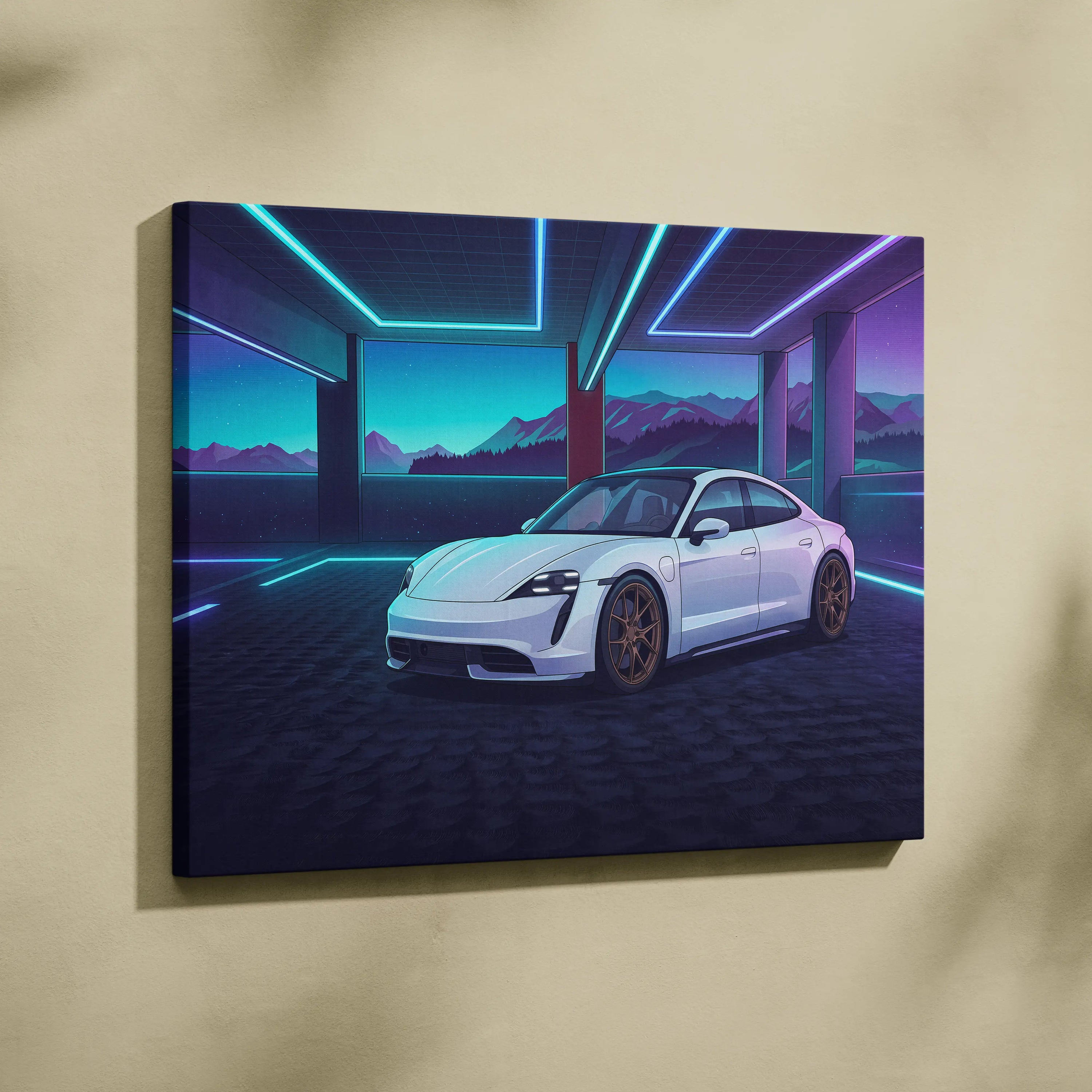 Porsche Taycan Inspired White Blue Canvas Wall Art Vaporwave Neon Garage Sports Car Artwork, Cyberpunk Mountain EV Decor