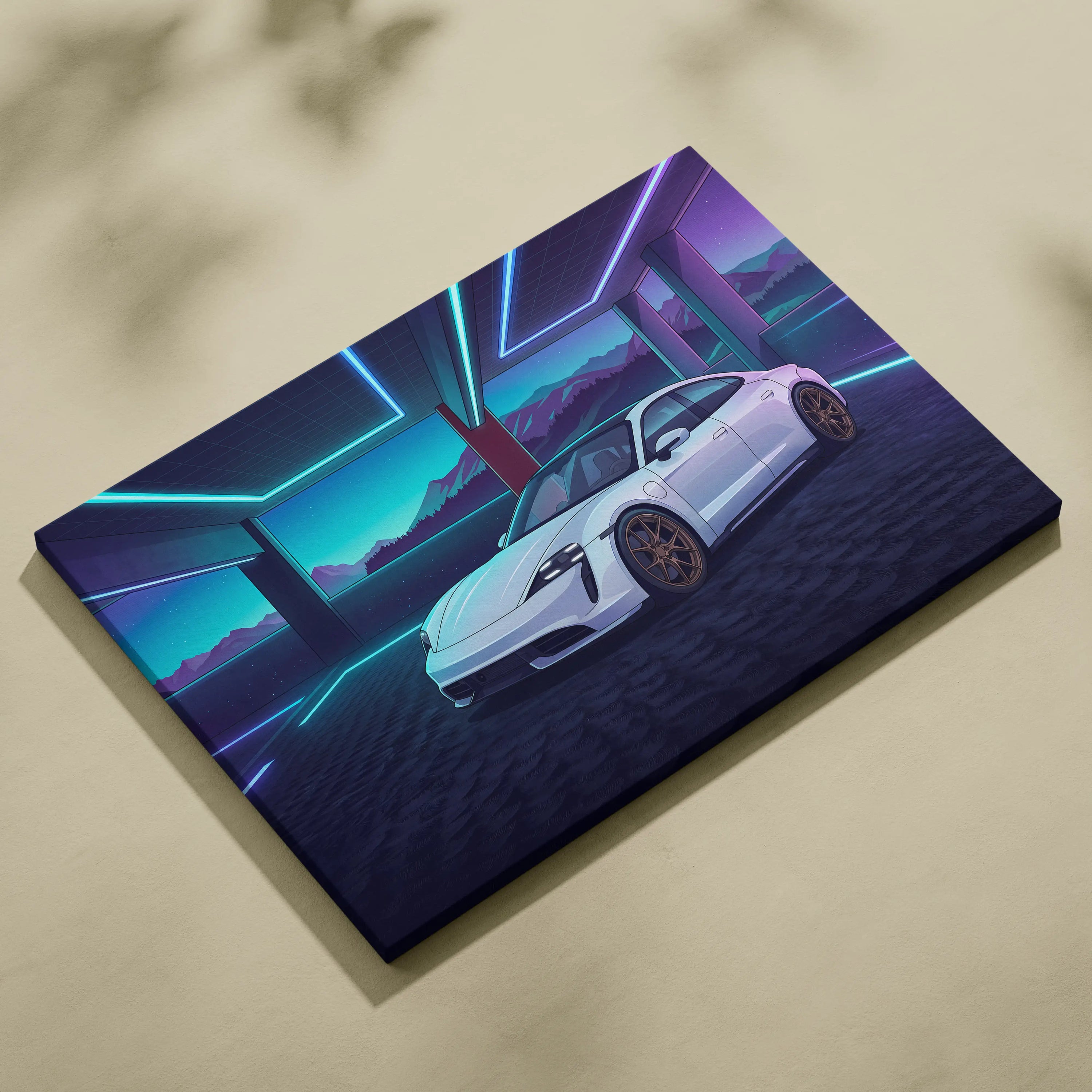 Porsche Taycan Inspired White Blue Canvas Wall Art Vaporwave Neon Garage Sports Car Artwork, Cyberpunk Mountain EV Decor