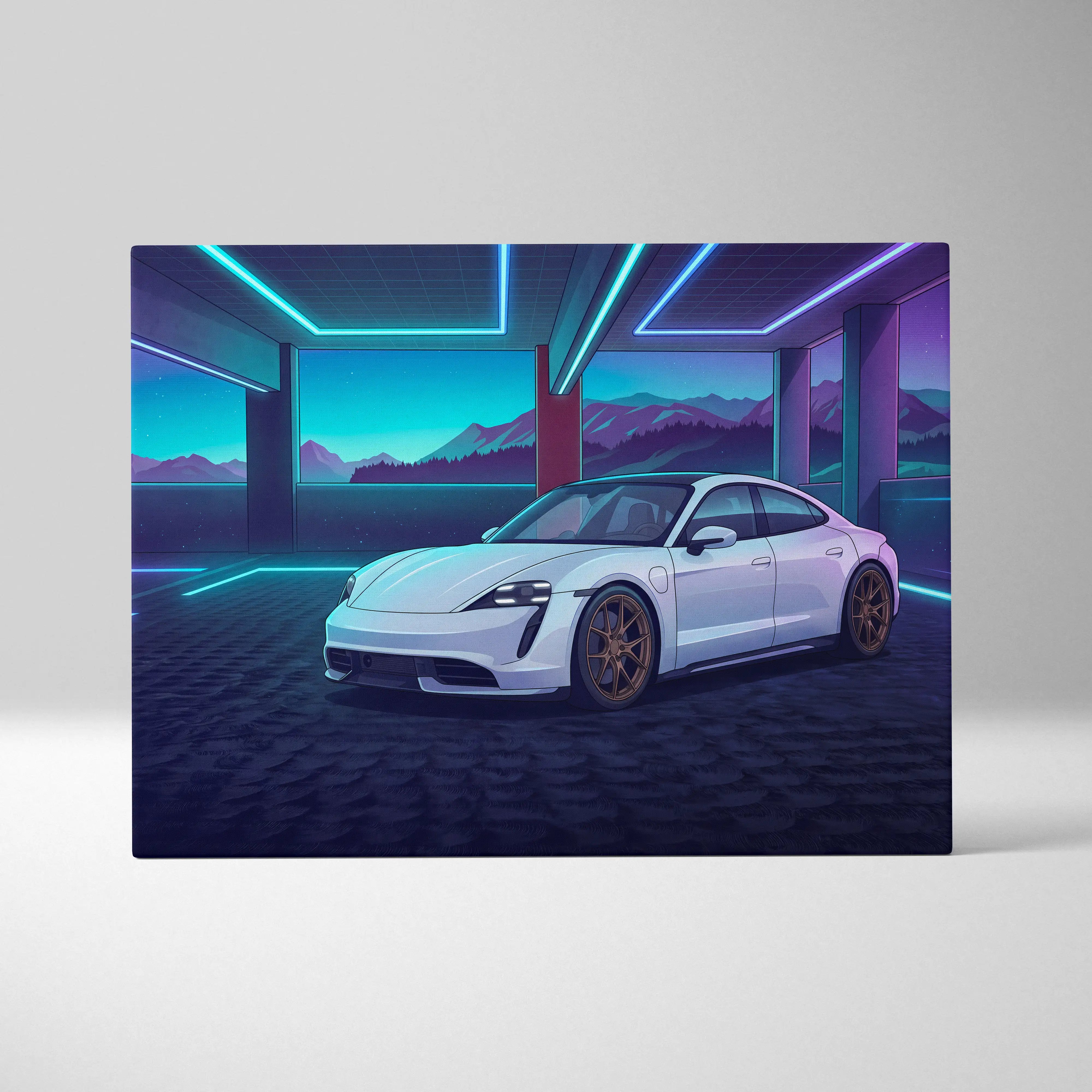 Porsche Taycan Inspired White Blue Canvas Wall Art Vaporwave Neon Garage Sports Car Artwork, Cyberpunk Mountain EV Decor