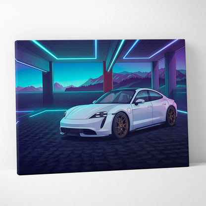 Porsche Taycan Inspired White Blue Canvas Wall Art Vaporwave Neon Garage Sports Car Artwork, Cyberpunk Mountain EV Decor