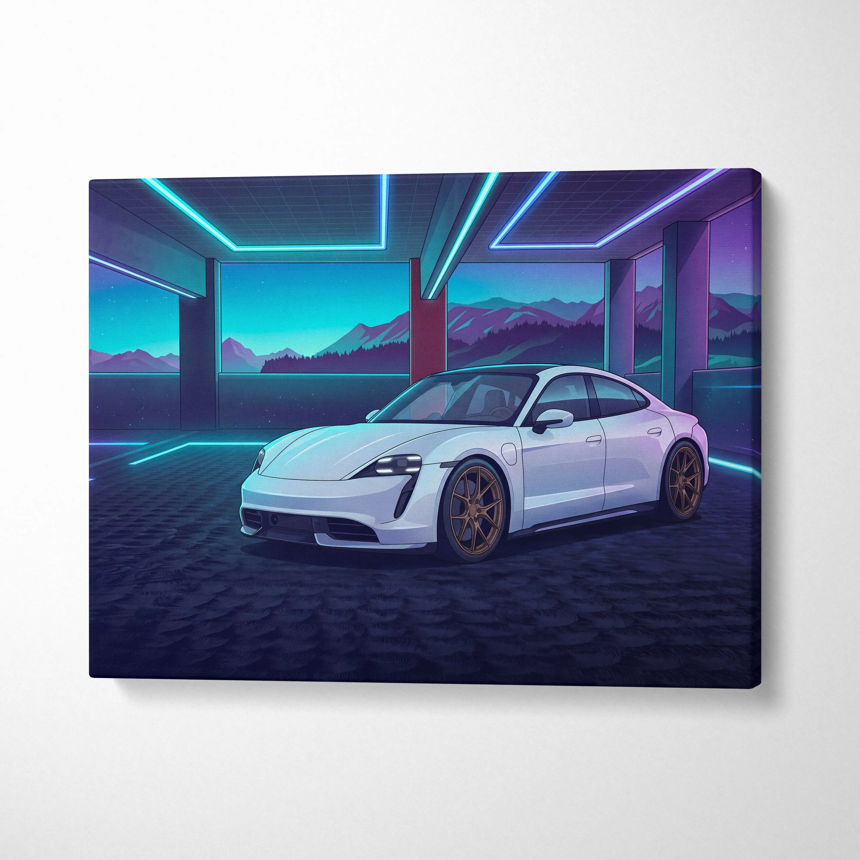 Porsche Taycan Inspired White Blue Canvas Wall Art Vaporwave Neon Garage Sports Car Artwork, Cyberpunk Mountain EV Decor