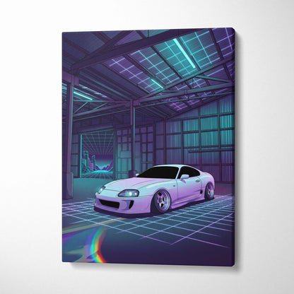 Toyota Supra Mk4 Inspired White Purple Garage Canvas Wall Art Vaporwave JDM Car Artwork, Neon Grid Warehouse Decor Retro Futuristic Print