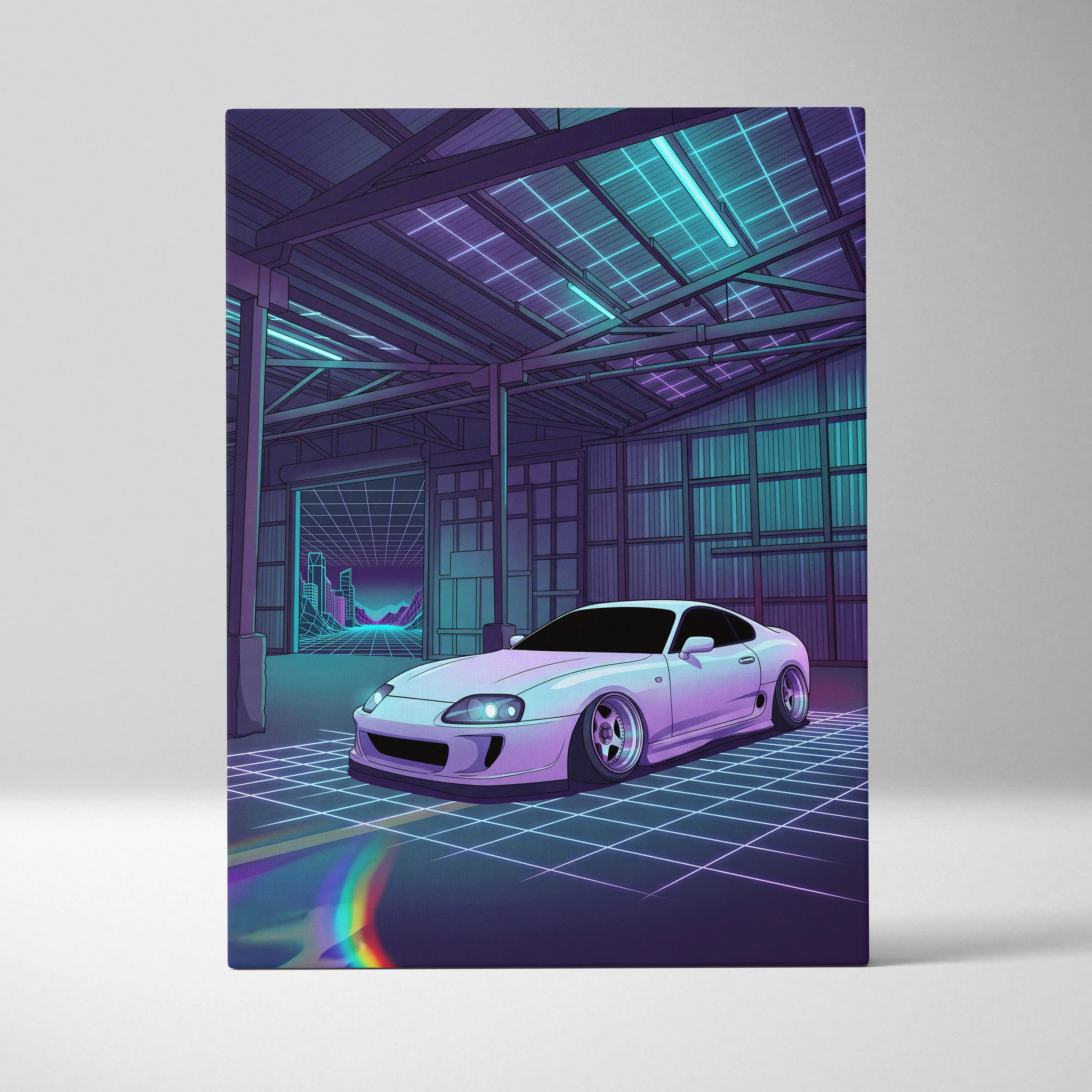 Toyota Supra Mk4 Inspired White Purple Garage Canvas Wall Art Vaporwave JDM Car Artwork, Neon Grid Warehouse Decor Retro Futuristic Print