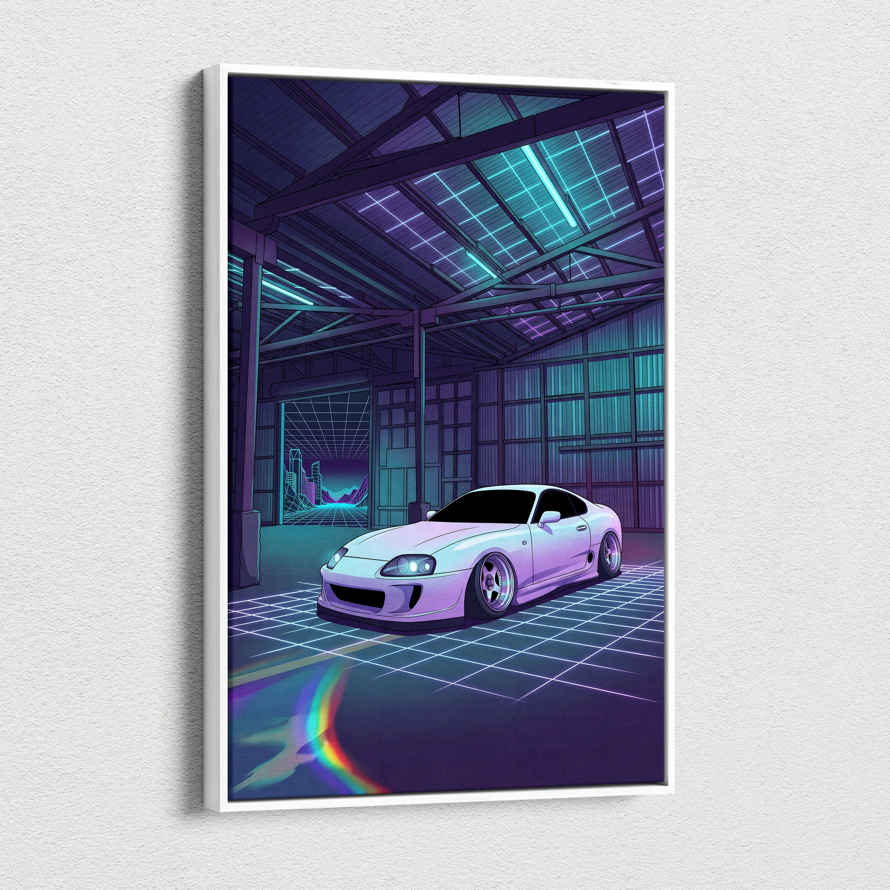 Toyota Supra Mk4 Inspired White Purple Garage Canvas Wall Art Vaporwave JDM Car Artwork, Neon Grid Warehouse Decor Retro Futuristic Print