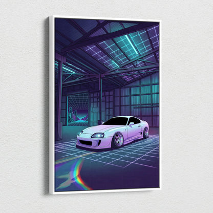 Toyota Supra Mk4 Inspired White Purple Garage Canvas Wall Art Vaporwave JDM Car Artwork, Neon Grid Warehouse Decor Retro Futuristic Print