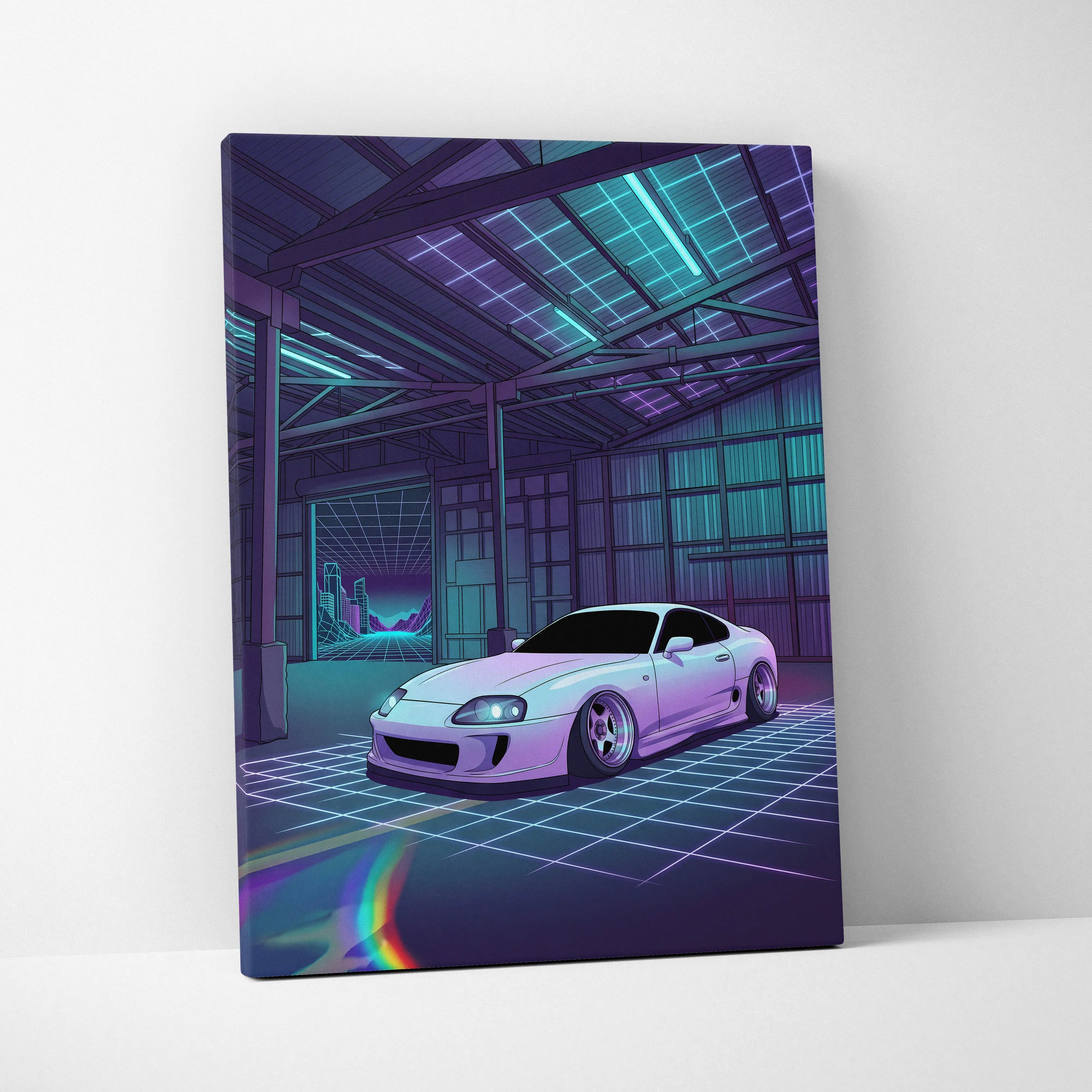 Toyota Supra Mk4 Inspired White Purple Garage Canvas Wall Art Vaporwave JDM Car Artwork, Neon Grid Warehouse Decor Retro Futuristic Print