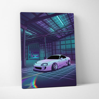Toyota Supra Mk4 Inspired White Purple Garage Canvas Wall Art Vaporwave JDM Car Artwork, Neon Grid Warehouse Decor Retro Futuristic Print