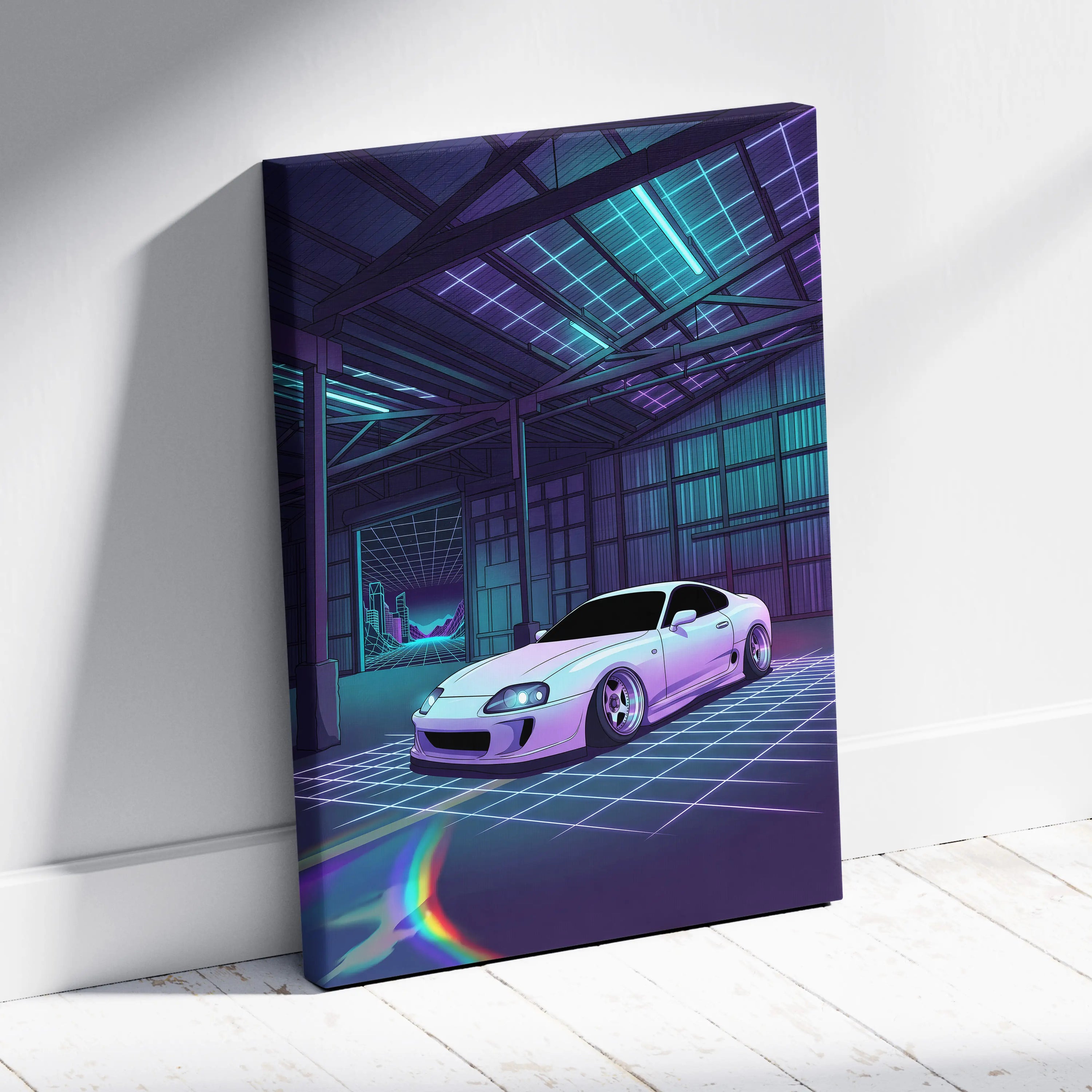 Toyota Supra Mk4 Inspired White Purple Garage Canvas Wall Art Vaporwave JDM Car Artwork, Neon Grid Warehouse Decor Retro Futuristic Print