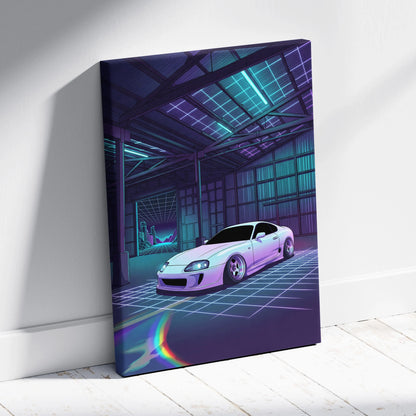Toyota Supra Mk4 Inspired White Purple Garage Canvas Wall Art Vaporwave JDM Car Artwork, Neon Grid Warehouse Decor Retro Futuristic Print
