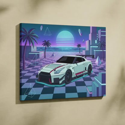 Nissan GT-R R35 Inspired White Teal Canvas Wall Art Vaporwave Sunset JDM Car Artwork, Neon Checkerboard Garage Decor