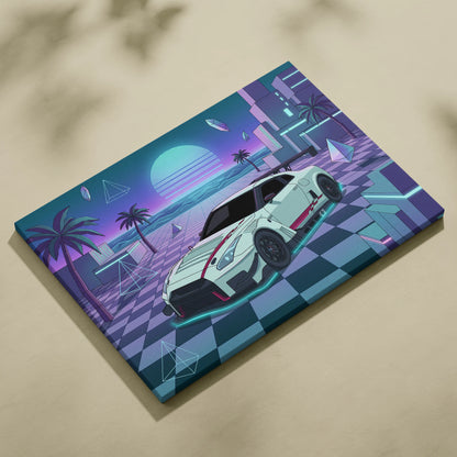 Nissan GT-R R35 Inspired White Teal Canvas Wall Art Vaporwave Sunset JDM Car Artwork, Neon Checkerboard Garage Decor