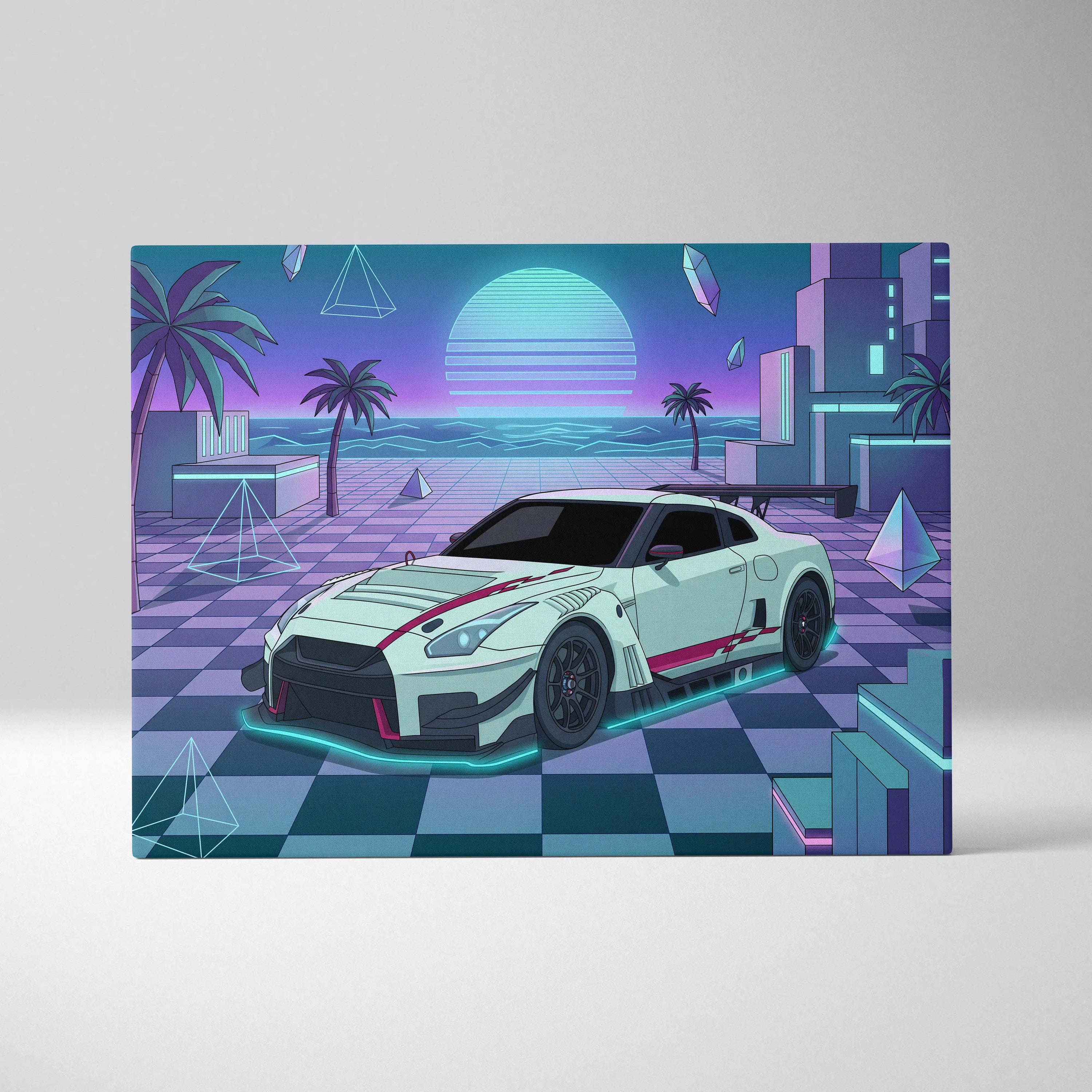 Nissan GT-R R35 Inspired White Teal Canvas Wall Art Vaporwave Sunset JDM Car Artwork, Neon Checkerboard Garage Decor
