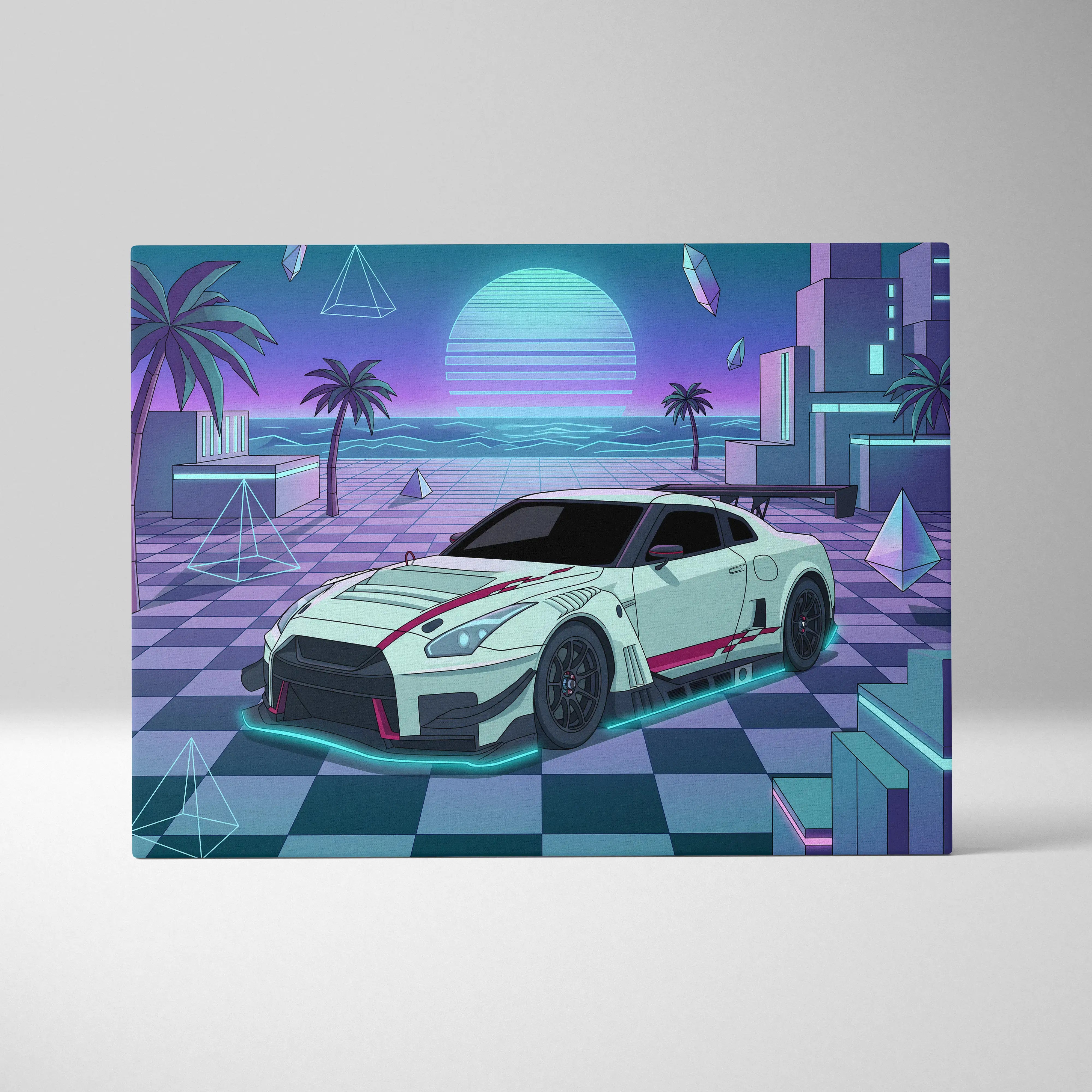 Nissan GT-R R35 Inspired White Teal Canvas Wall Art Vaporwave Sunset JDM Car Artwork, Neon Checkerboard Garage Decor
