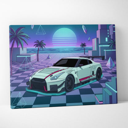 Nissan GT-R R35 Inspired White Teal Canvas Wall Art Vaporwave Sunset JDM Car Artwork, Neon Checkerboard Garage Decor