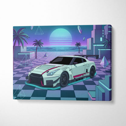 Nissan GT-R R35 Inspired White Teal Canvas Wall Art Vaporwave Sunset JDM Car Artwork, Neon Checkerboard Garage Decor