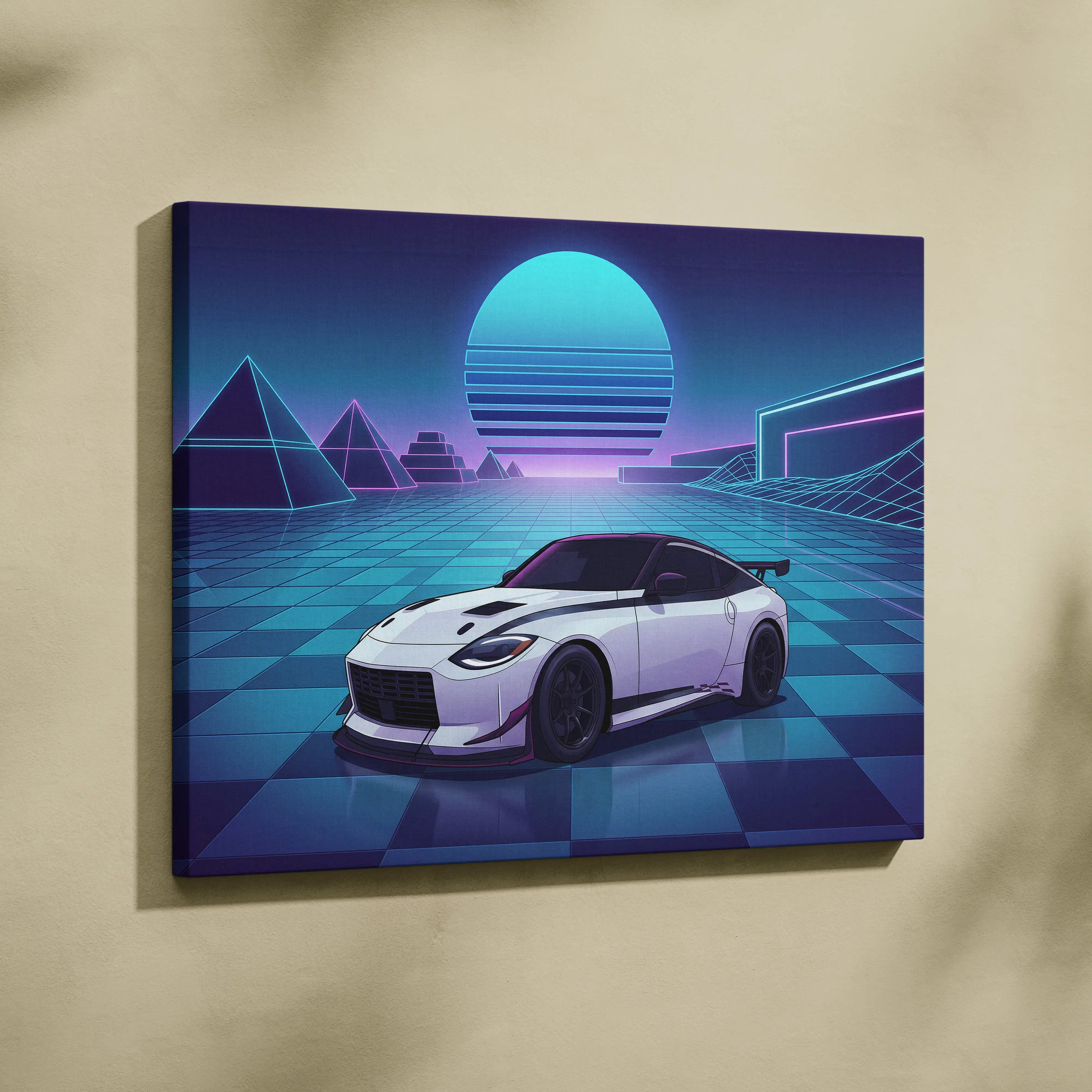 Nissan Z Inspired White Blue Canvas Wall Art Vaporwave Neon Grid JDM Sports Car Artwork, Retro Futuristic Garage Decor