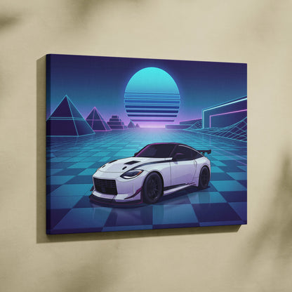 Nissan Z Inspired White Blue Canvas Wall Art Vaporwave Neon Grid JDM Sports Car Artwork, Retro Futuristic Garage Decor